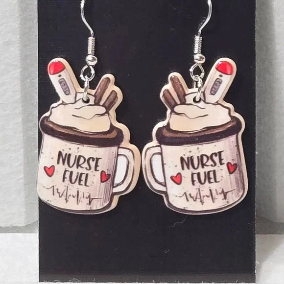 Nurse Fuel Coffee Mug Earrings Cute Medical Themed Jewelry Gift - Picture 4 of 4